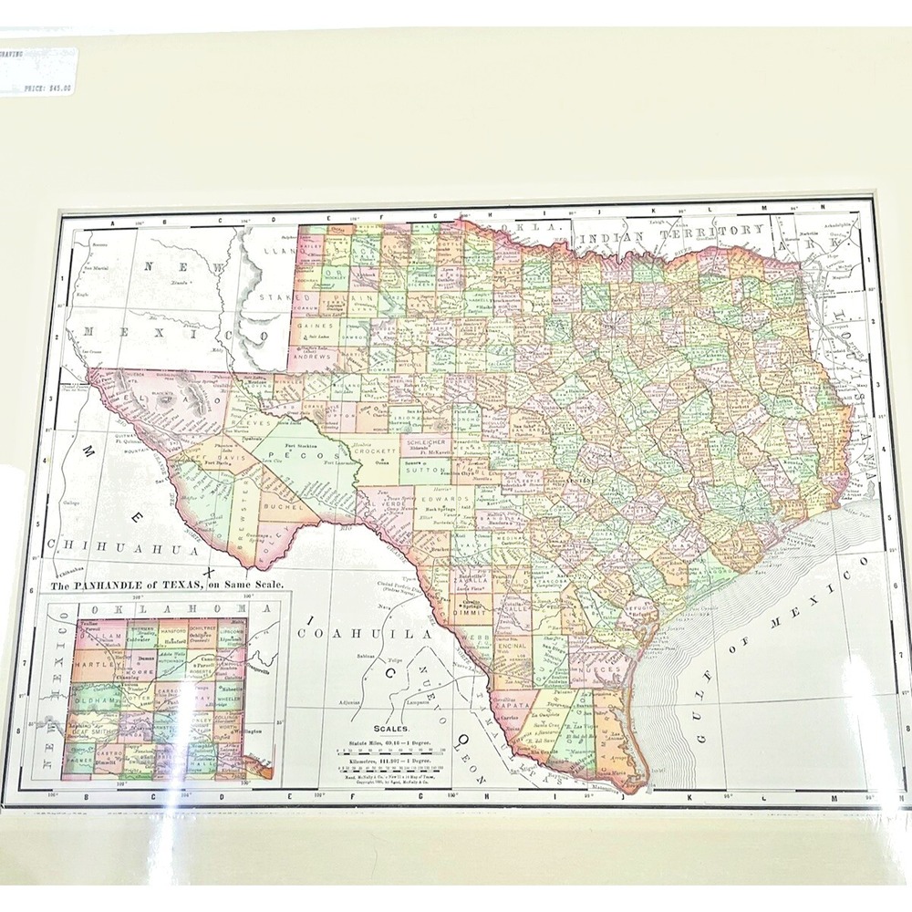 Rand McNally Texas State 1895 Machine Metal Colored Print Map Office Art